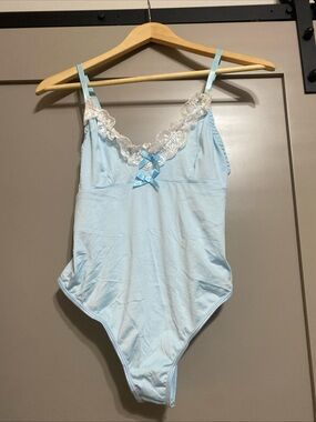 Light Blue Lace-Trim Chemise Bodysuit with Satin Bow